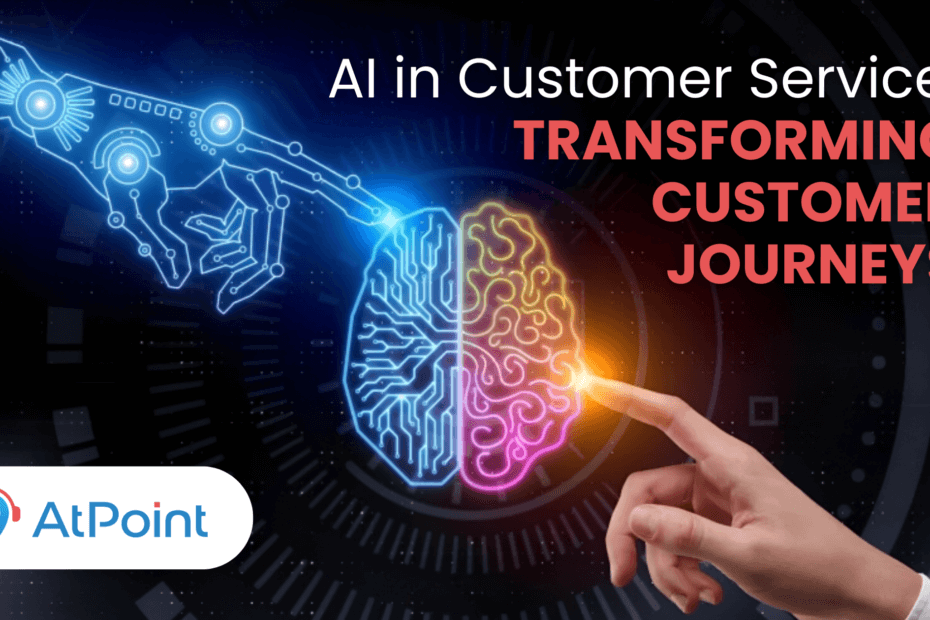 Robot and Human hand touching a brain with 2 sides to represent Ai in customer service. 1 hand touching the technology side and the other touching the human side.